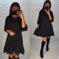 

Fall 2018 Fashion Casual Women Dress Autumn Ruffle Three Quarter Sleeve Loose Mini Dresses Plus Size