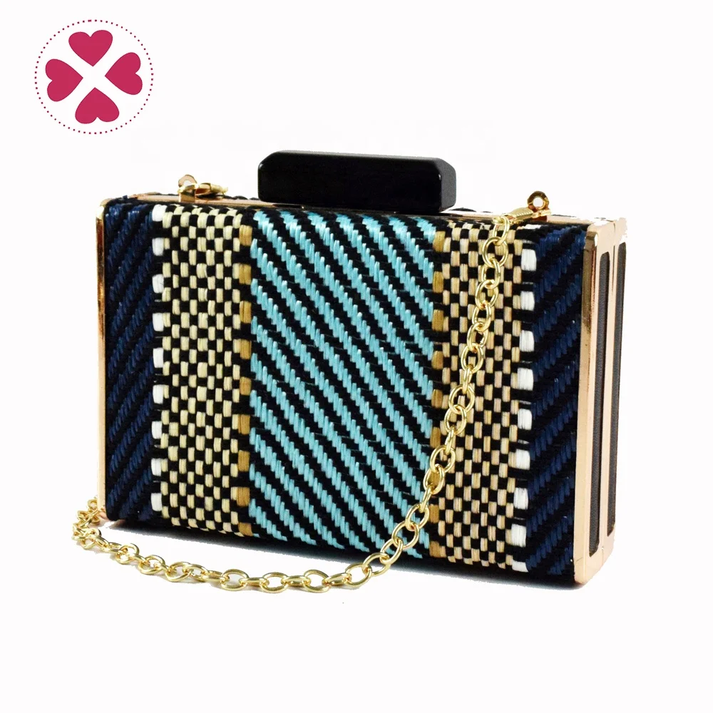 

High-kind nice stripe iron chain wedding ladies clutches evening bags party, Blue, with