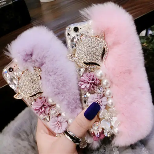 

2019 Warm Fluffy Rabbit Fur Bling Diamonds Pearl jewelry Case Cover For iPhone 5s 5c 6 6plus 7 / 7plus X xs max