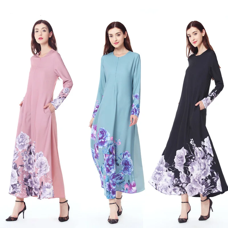 Most popular high quality Kaftan muslim long sleeve loose elegant print evening dress abaya