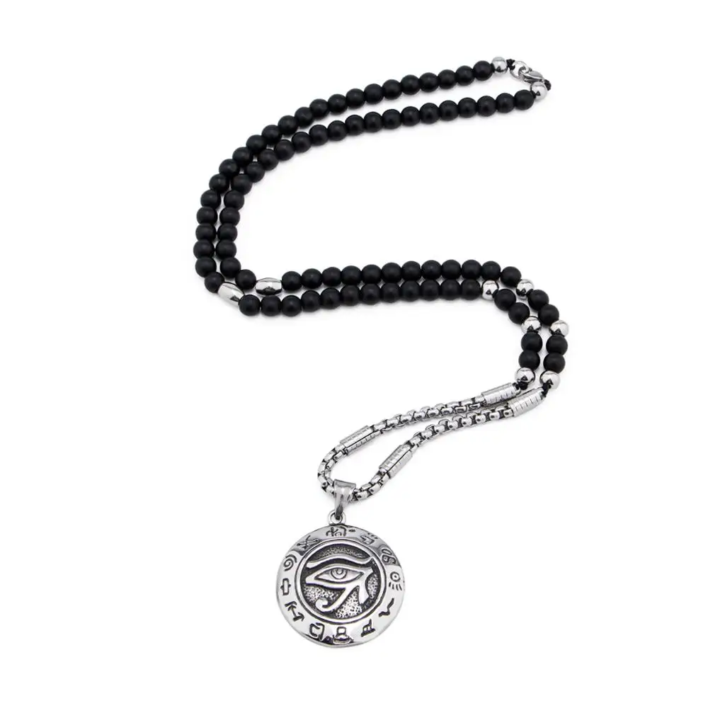 Stylish Cool Mens Eye Stainless Steel Pendant Natural Stone Bead Necklace