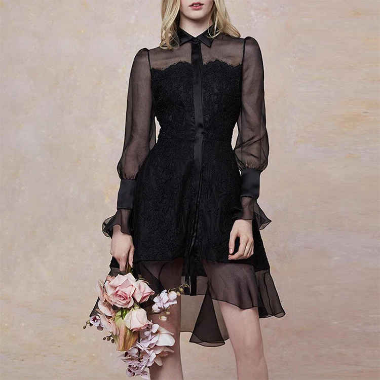 

Irregular ruffled skirt women's black chiffon stitching lace dress