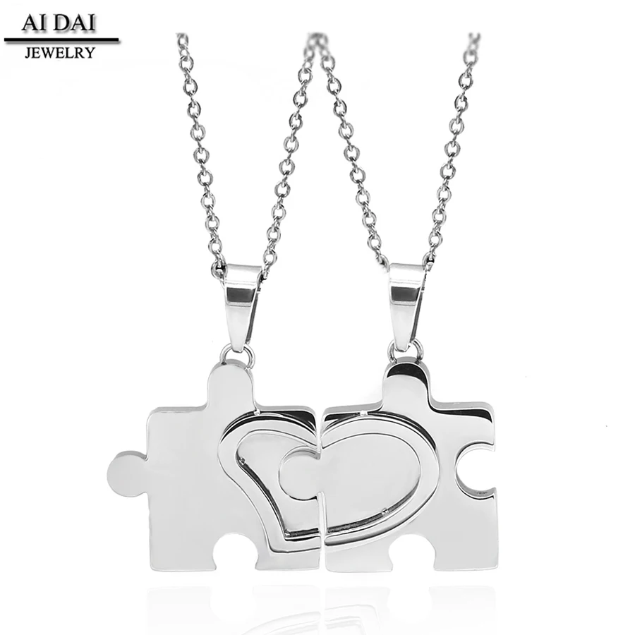 

wholesale Silver heart stainless steel couples Puzzle pendant necklace