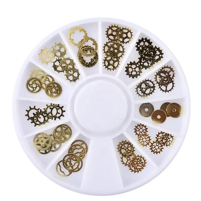 

Misscheering 1 Box Ultra-thin Steam Gear Punk Parts Time Wheel Style Metal Studs 3D Nail Art Decorations Accessories Wheel, Gold