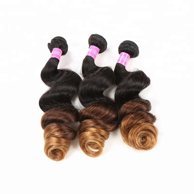 

9A Grade Ombre Human Hair Weave Virgin Remy Loose Wave Brazilian Hair Weave Bundles 1B/4/30 Ombre 3 Tone Color, 1b 4 30 loose wave