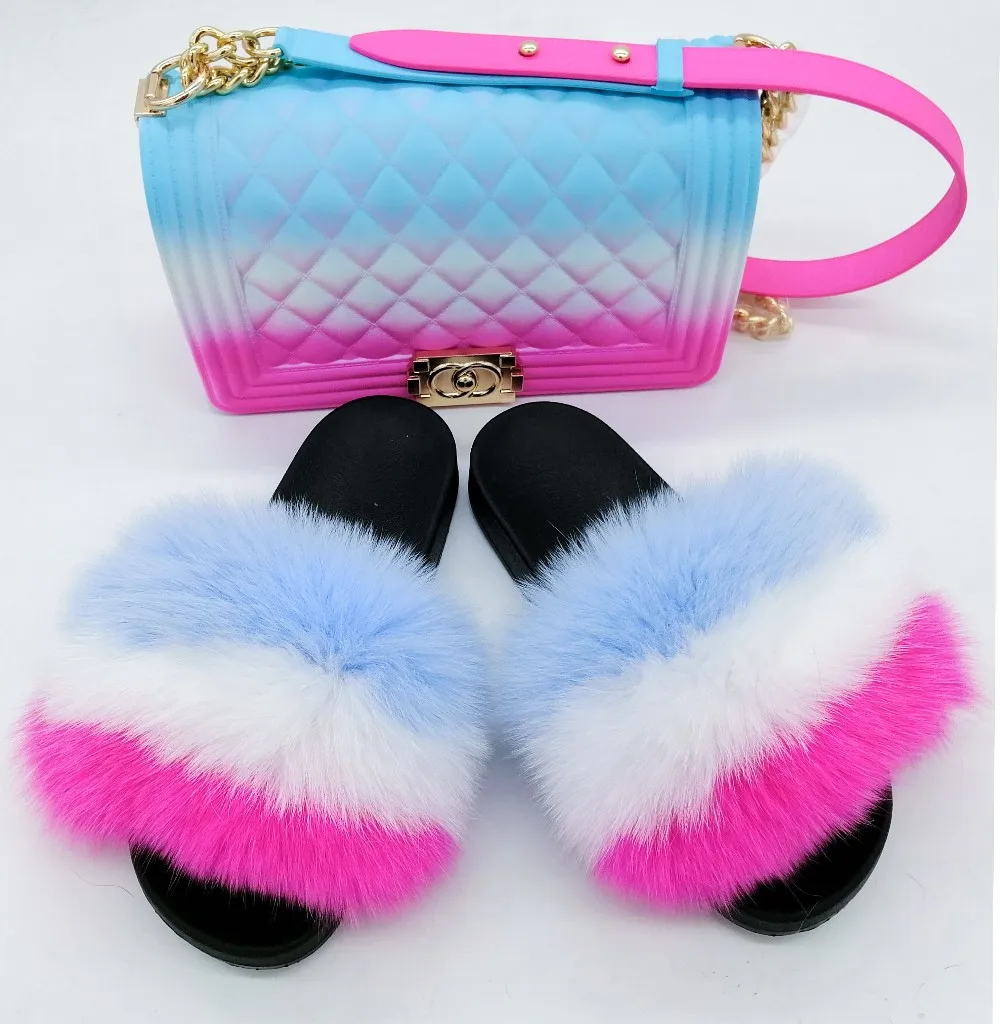 

Hot Fashion Fox Furry Sandals Fur raccoon mink furry slides with matching purses Women Real fur slides, Customized