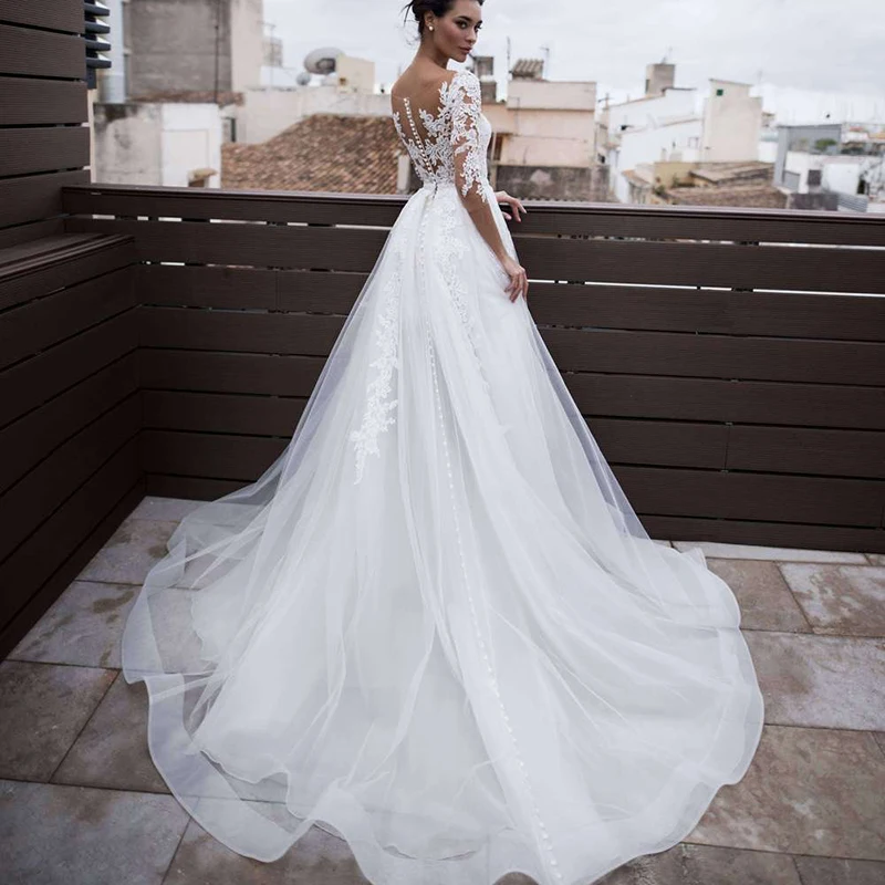 

2019 new design ivory wedding gown Luxury long sleeve wedding dress bridal gown with detachable train