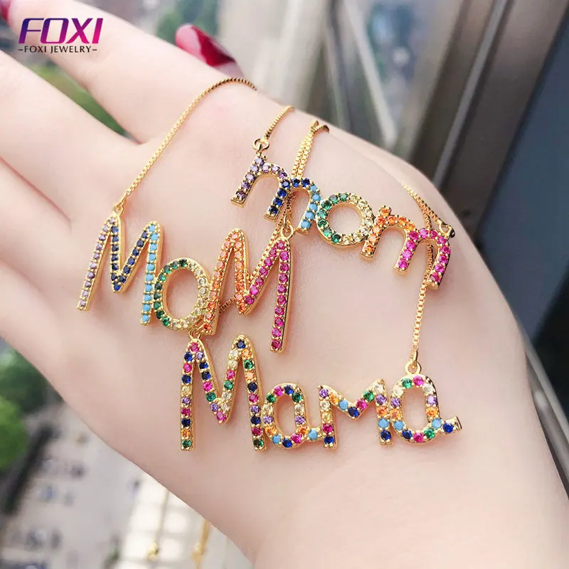 

foxi jewelry low MOQ hot sale letter MOM designs rainbow gemstone pendant necklace