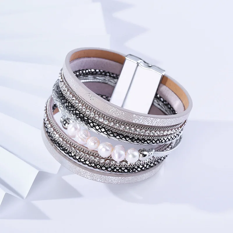 Fashionable fitness wrap custom wrap pearl friendship gift Magnetic Clasp Bangles bracelets knitted leather bracelet for women
