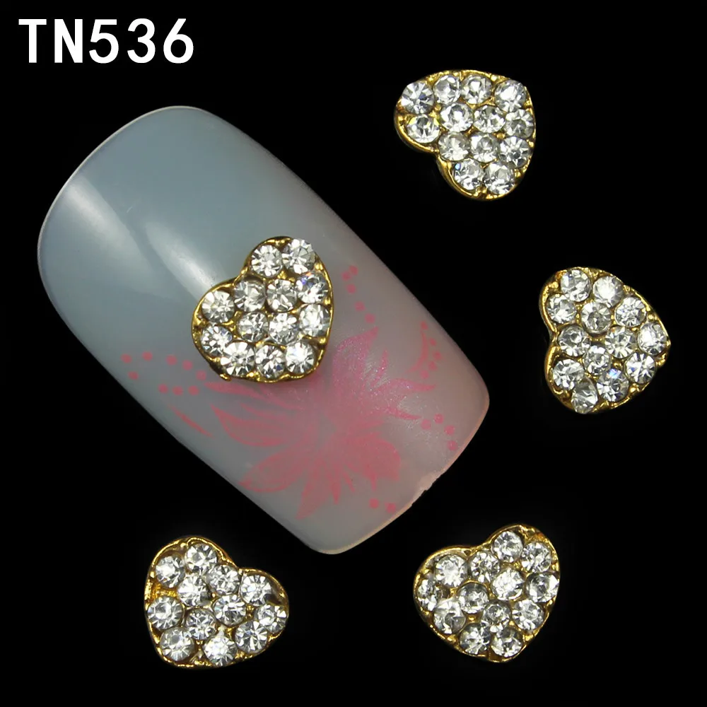 10pcs Golden Metal Heart Rhinestones 3d Nail Art Decorations Alloy Nail Stcikers Charms Jewelry for Nail