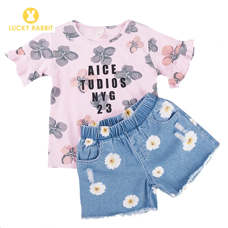 

Children's Cloth Two 2 Piece Matching T-shirt And Pants Set Floral Girls Daisy Print Denim Shorts Clothing Outfits For Summer