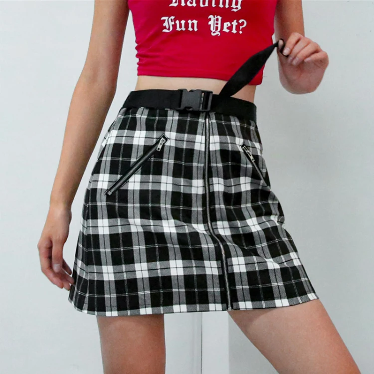 

2018 New Style Sexy Plaid Zipper Belt Ladies Skirt