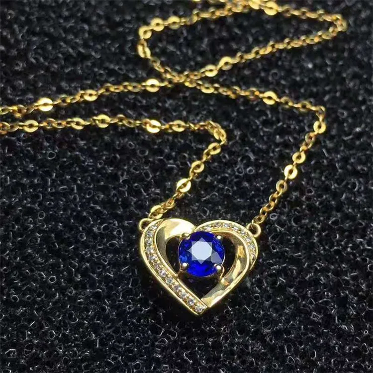 

18k gold South Africa real diamond Sri Lanka 0.55ct blue sapphire heart pendant necklace for women