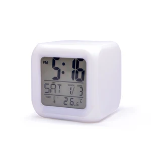 Image of 7 LED Colors Changing Digital Alarm Clock Desk Gadget Digital Alarm Thermometer Night Glowing Cube LCD Clock