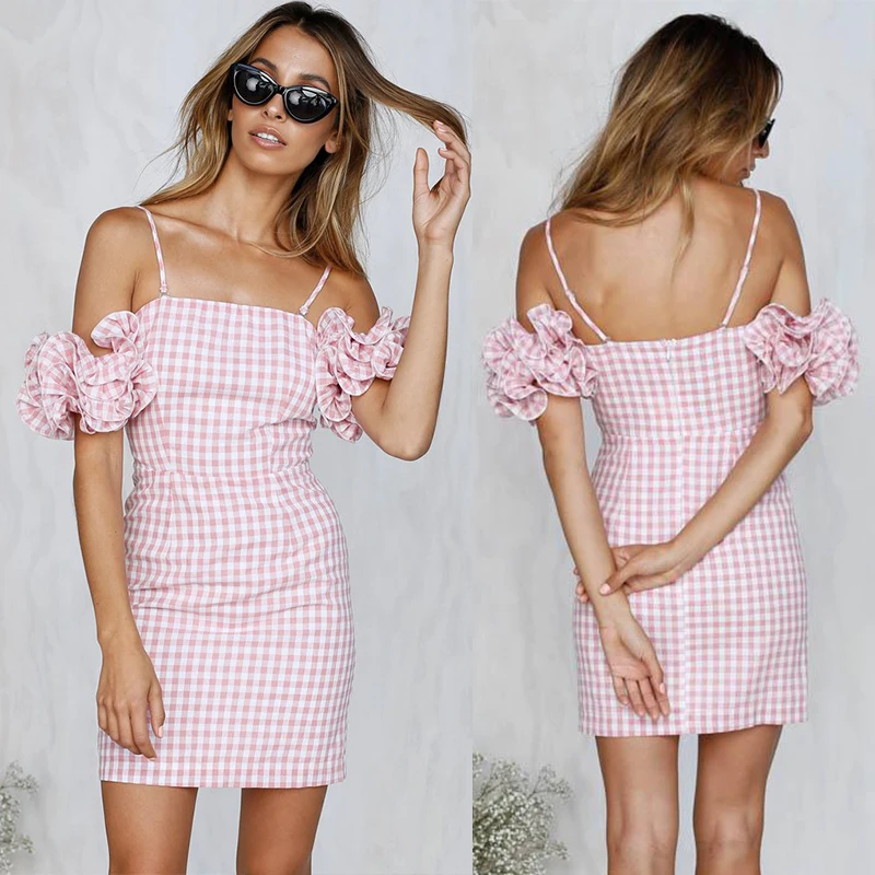 

2018 New Arrivals Clothing Ruffled Sleeve Pink Gingham Women Dresses Summer