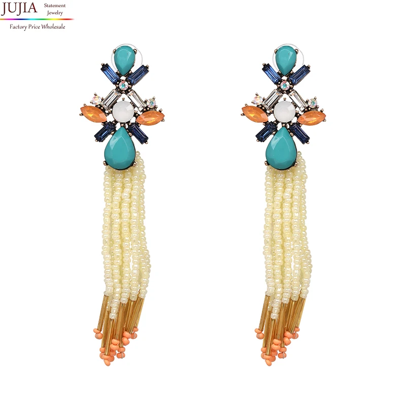 

JUJIA Fashion long statement Tassel crystal Earring Hand Made Statement Seed Beads Tassel Earrings Fringed Earring Wholesale, Picture