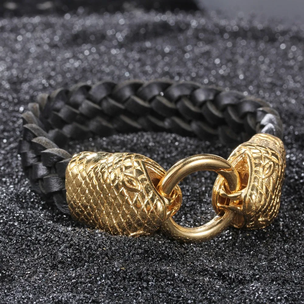 

Stylish Snake Head Style Fashion Accessories Gold Plated Men Leather Bracelet
