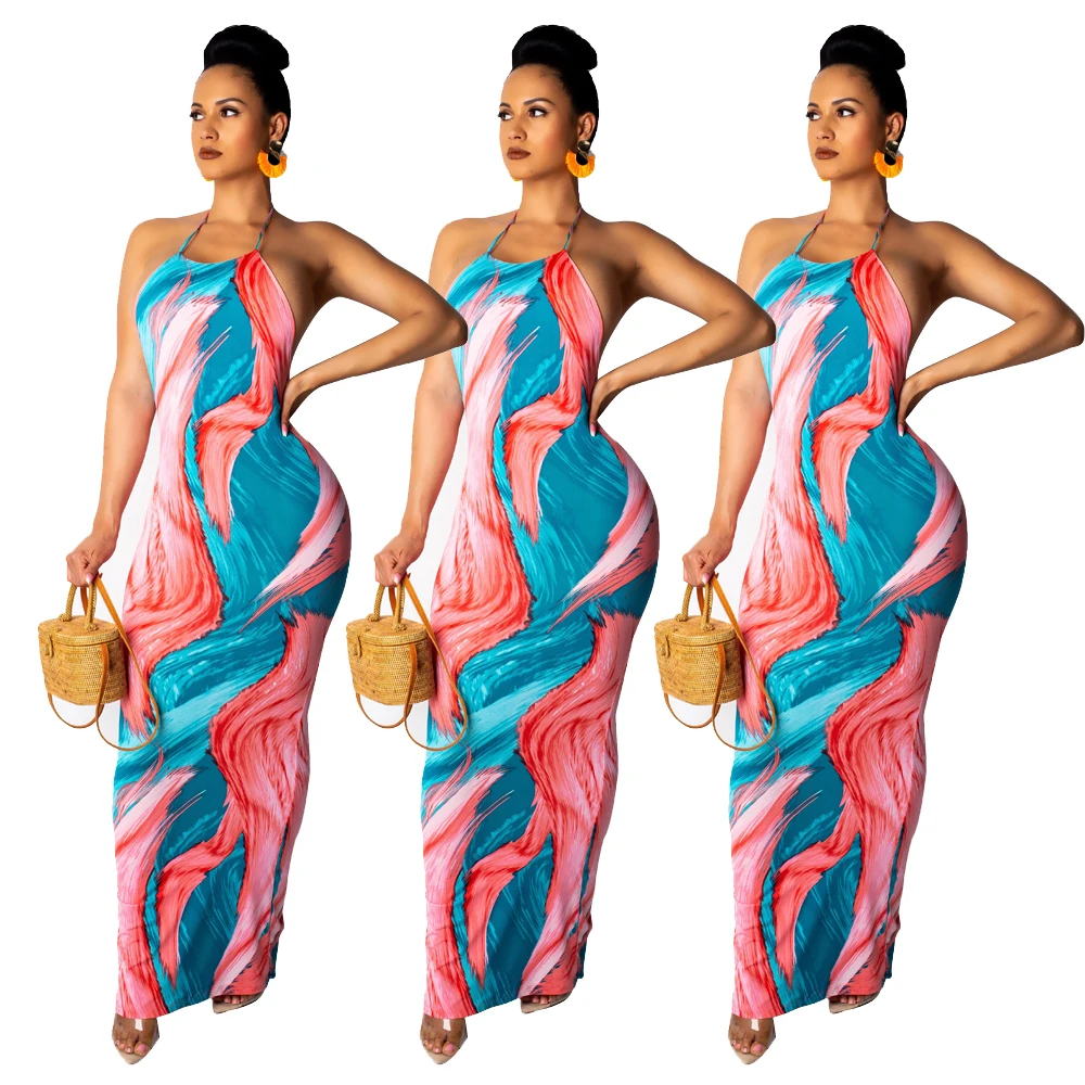 

2021 New summer tie dye sexy suspender backless maxi dress for women sexy dresses