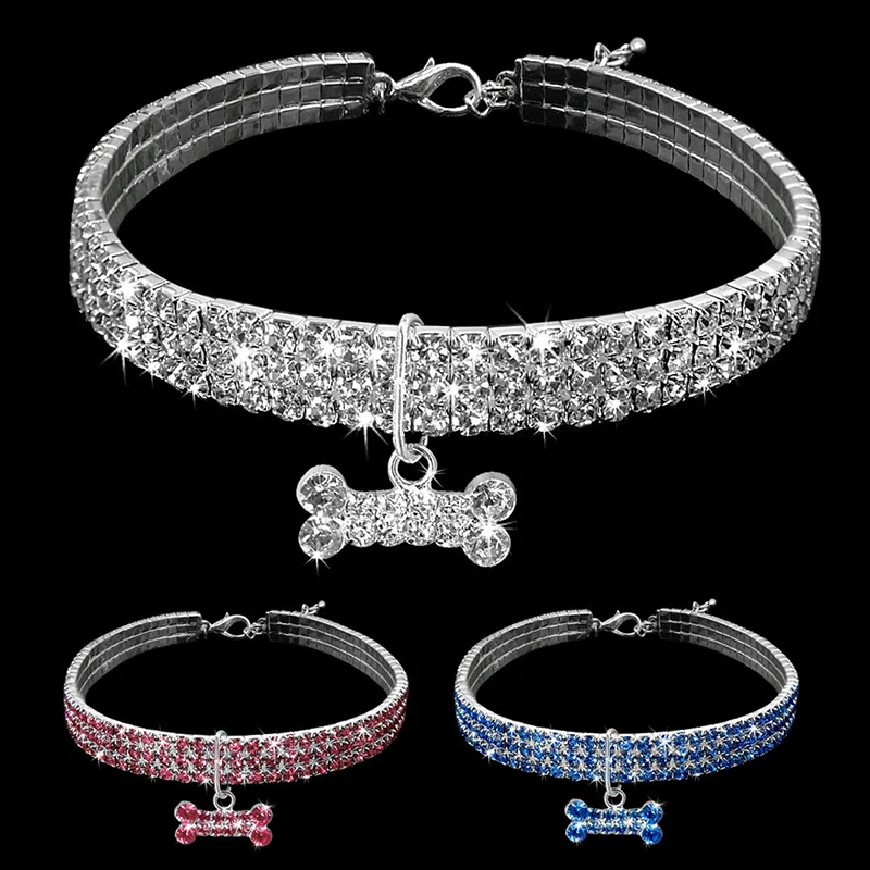 

Bling Rhinestone Dog Bone Collar Crystal Puppy Chihuahua Dog Cat Necklace Accessories Pet Supplies, As show