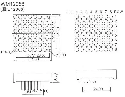 low brightness 15mcd dot matrix 3mm high red round module display 8x8 ...