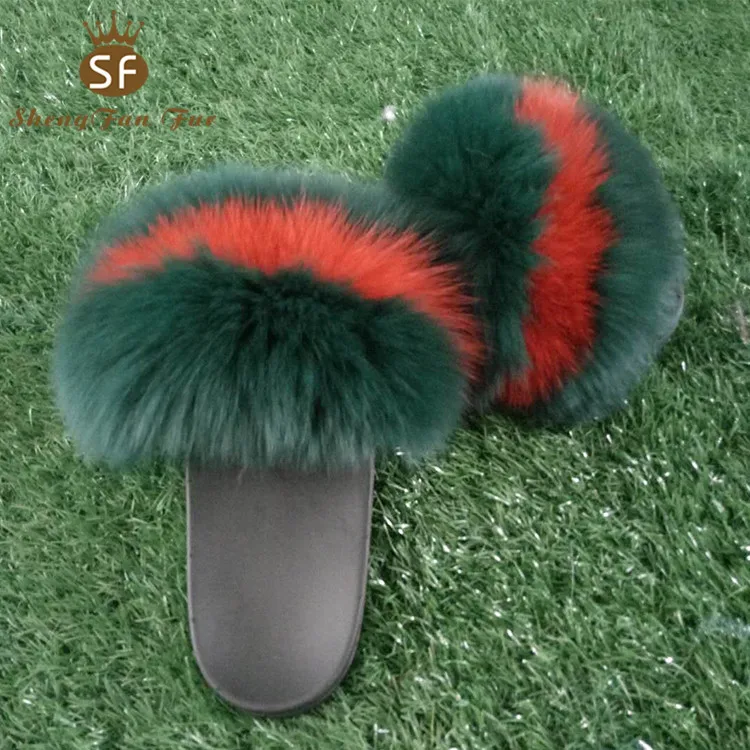 

Wholesale summer luxury womens 100% real Fox fur slides sandal slippers shoes for China, Black,gray,blue,red or as customers' requirement