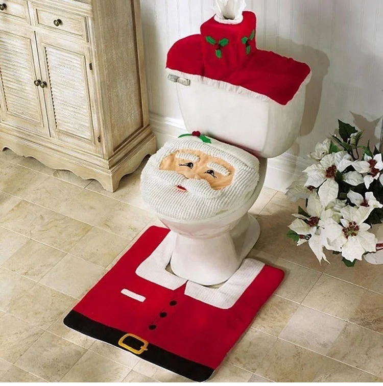 

3pcs Fancy Santa Claus Rug Seat Bathroom Set Contour Rug Christmas Decoration Navidad Xmas Party Supplies, 4 colors