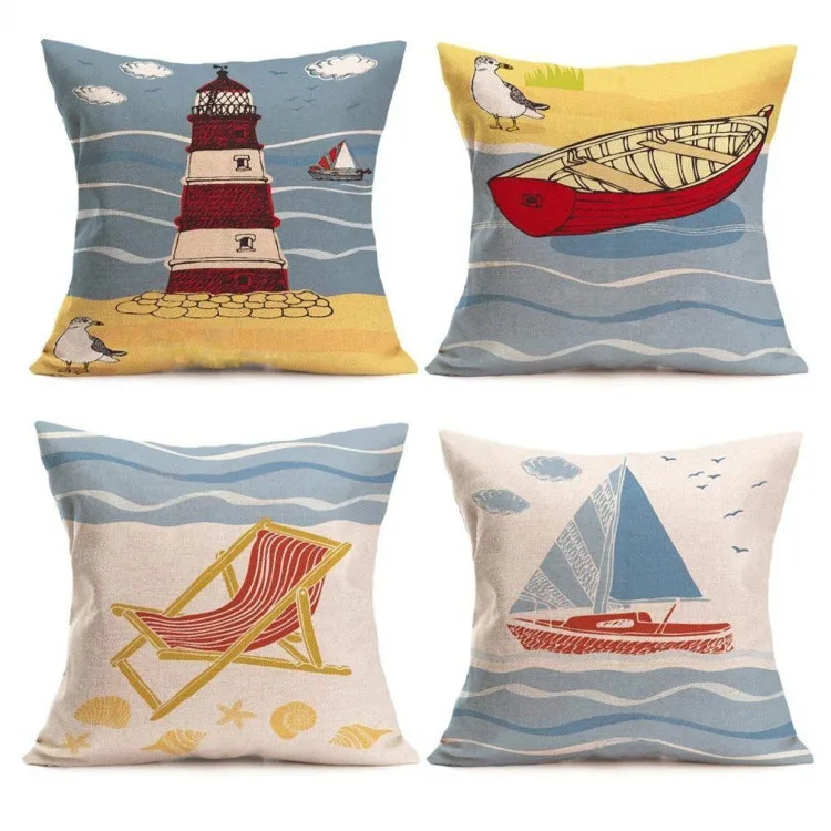 Beach Pillow Covers Cotton Linen Coastal Throw Pillowcases Sea