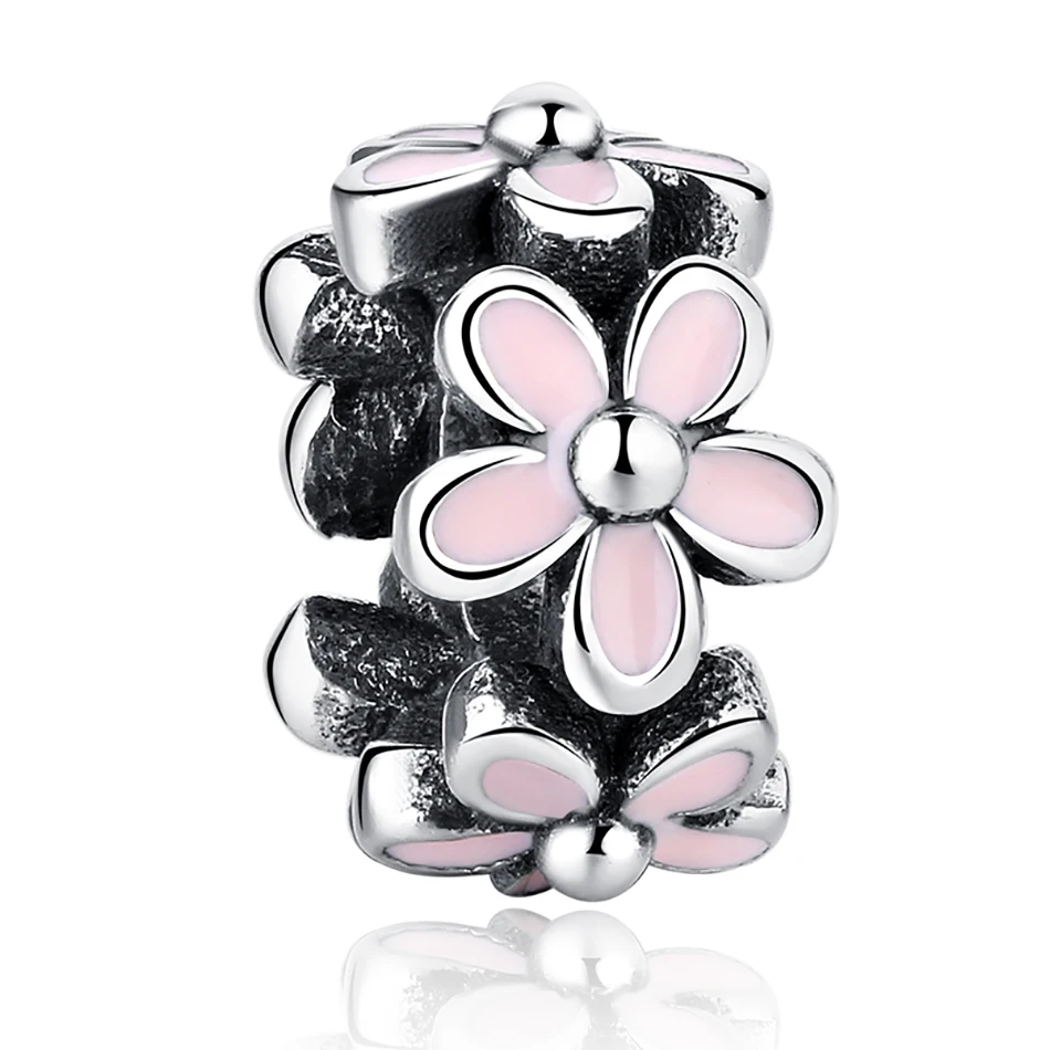 

Wholesale 925 Sterling Silver Daisy Flower charms with Pink Enamel Round Beads for fashion Bracelet Original Jewelry, Pink color