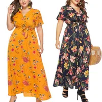 

african style floral print big size plus size women casual beach dress with sashes