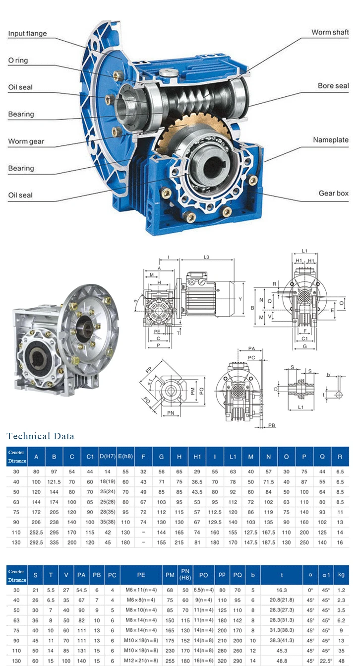 Worm gear adjustable speed reducer electric motors RV series