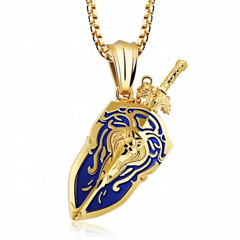 

MECYLIFE Men's Fashion Pendant Necklace Warcraft Engraved Vintage Sword Shield Stainless Steel Jewelry, Black,gold,blue