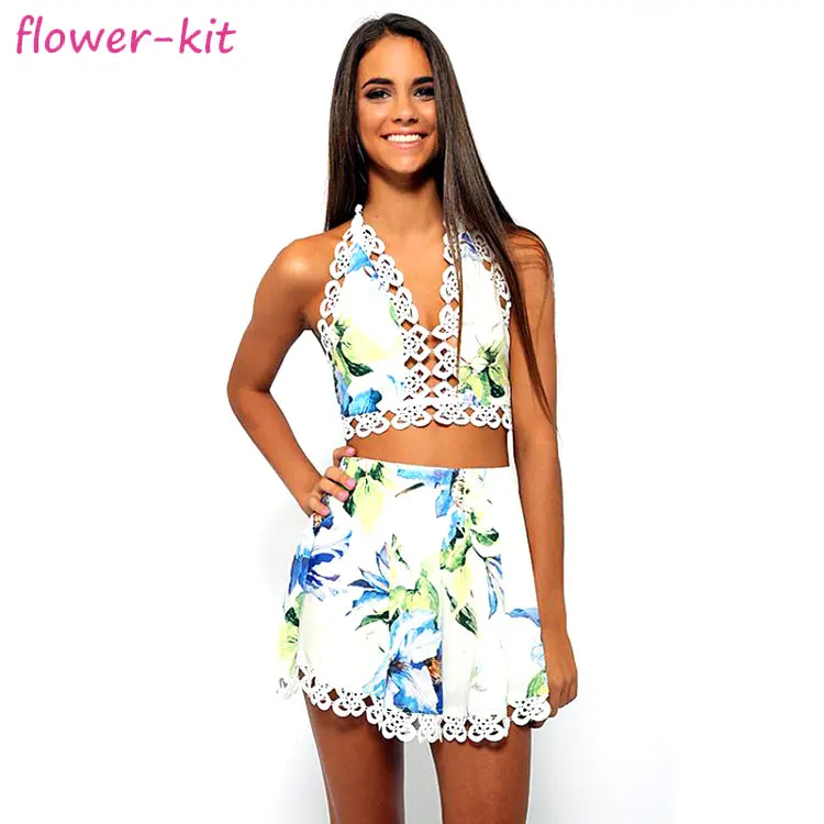 

Fashion floral girl crop top set summer casual women 2 piece set clothing, As shown