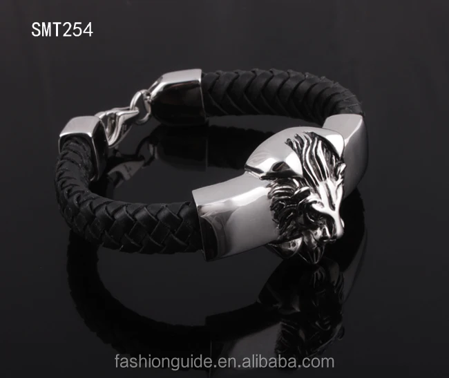 

Lion Head Design 316l stainless steel biker bracelet with braided leather, Silver