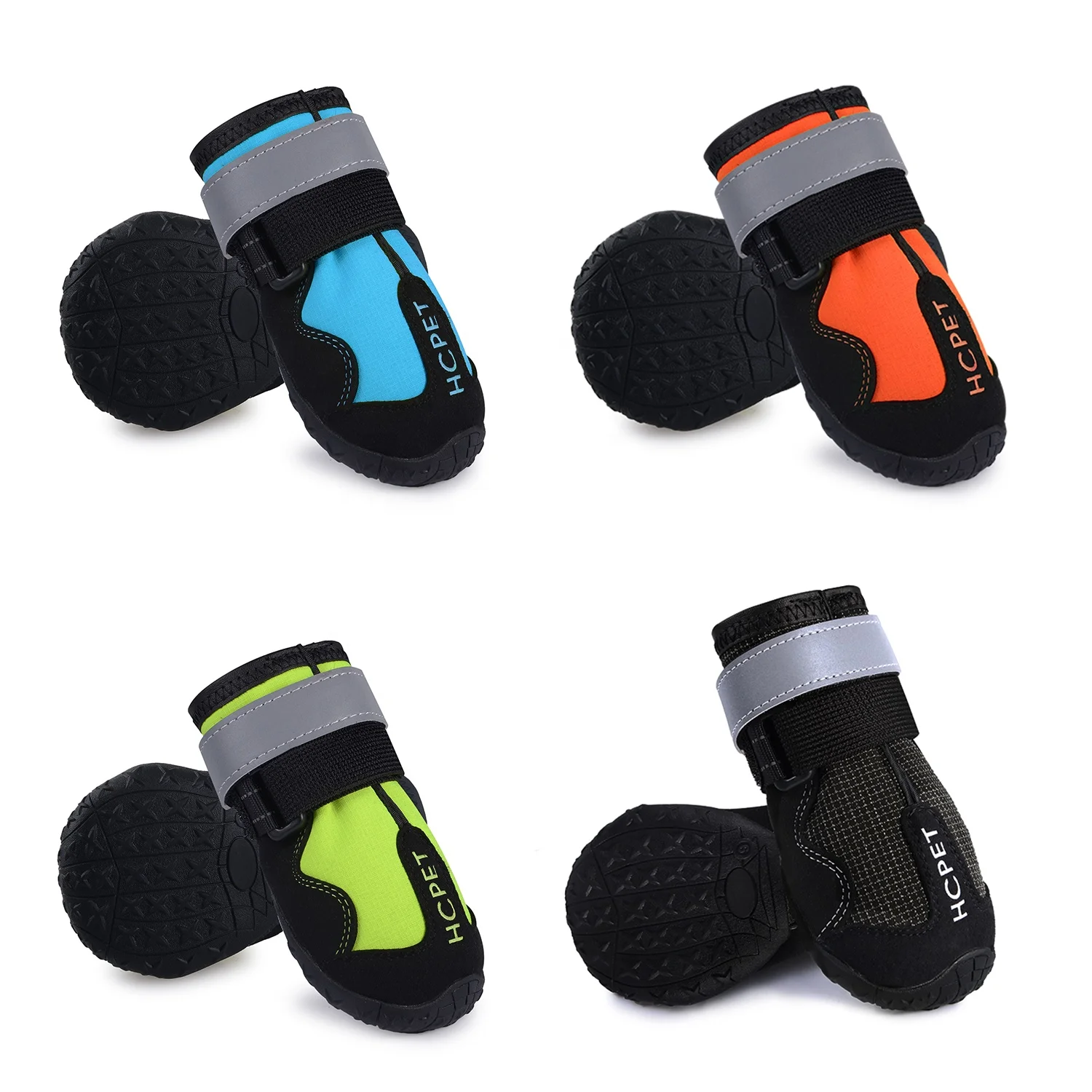 

BSCI Free sample manufacturers direct sales HCPET dogshoes Wholesale Personalized Custom Waterproof Outdoor Pet Dog Shoes, Black, blue, orange, green.