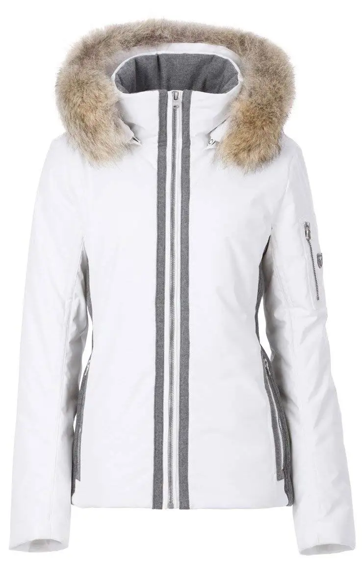 white ski coat with fur hood