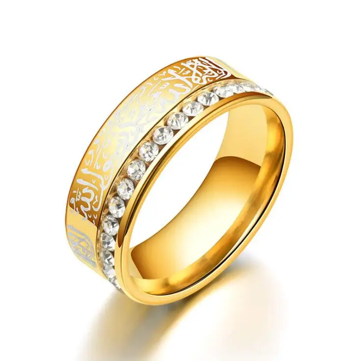 

Arabic engraved Muslim Allah Crystal Islamic Rings, Silver,gold,black