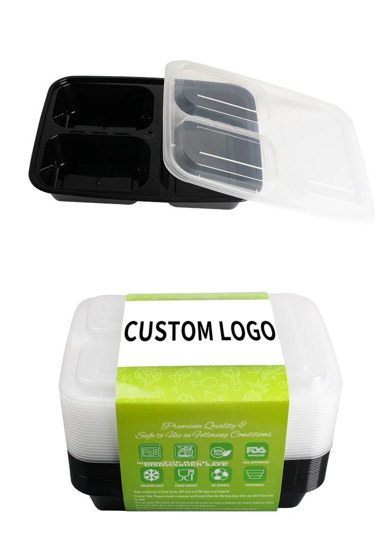 Disposable 3 compartment plastic take away bento lunch box food container