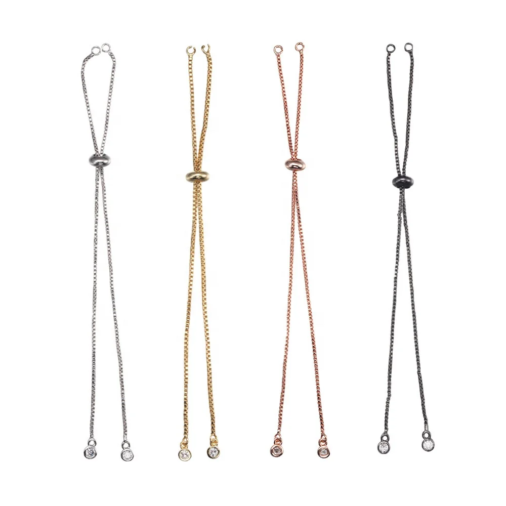 

DIY 18K Gold Plating Brass Adjustable Bracelet Chain with CZ stone end Connector Box chain for Jewelry Making, 4 colors as in picture