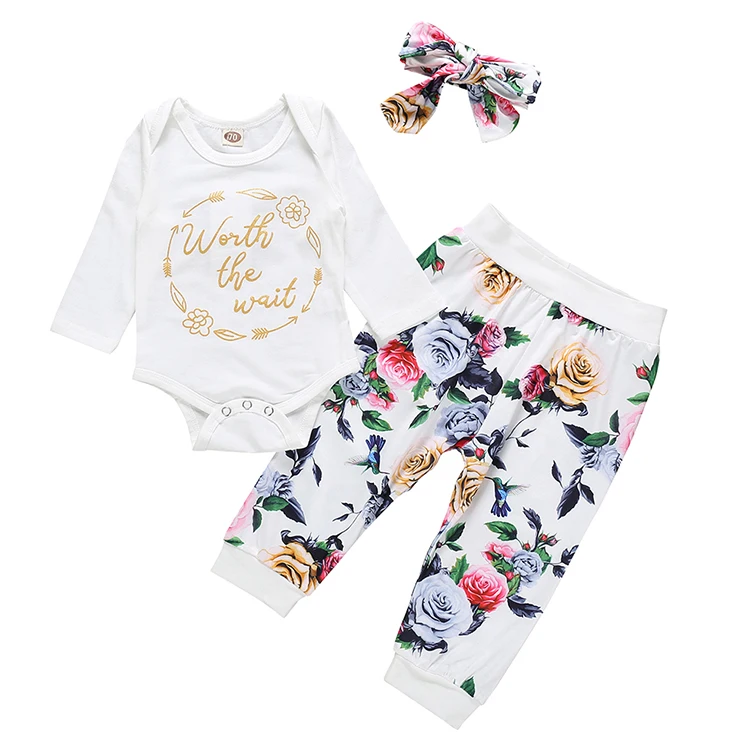 

Contracted and comfortable color flower rural style 3 sets cute baby girl rompers winter