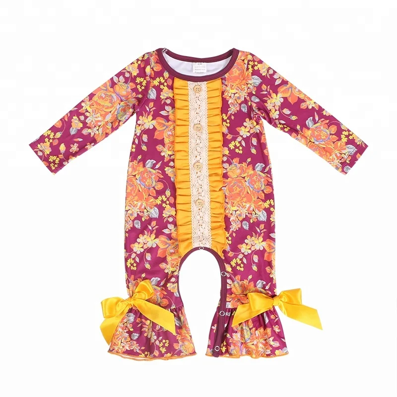 

Milk Silk Long Sleeve Mustard Floral Wholesale Boutique Romper Baby Girl Fall Rompers with Lace Ruffle, N/a