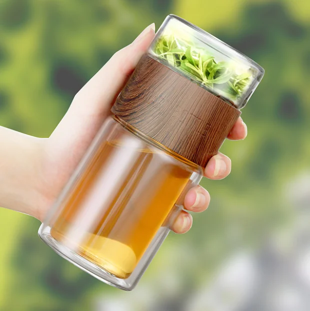 

high temperature resistant clear double wall water tea separation filter travel glass cup mug drinking bottle with infuser, Transparent beer glass