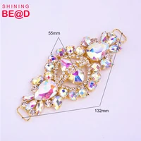 

55*132mm Sew On Gold Metal Flower Rhinestone Chain Glass Crystal Applique Bikini Diamond Strass Connector Wedding Dress Belt