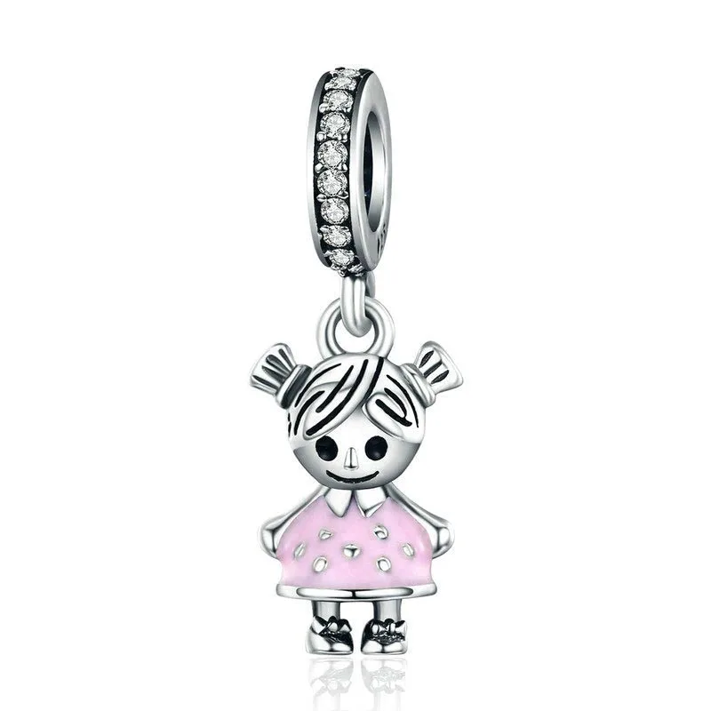 

BAMOER Fashion 100% 925 Sterling Silver Couple Little Girl Pendant Charm fit Girls Charm Bracelet & Necklaces DIY Jewelry