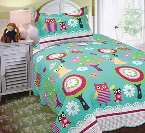 Fancy Collection 2pc Twin Size Quilted Bedspread Set Owls Flowers Teal Green Pink Purple White New #Owl Teal