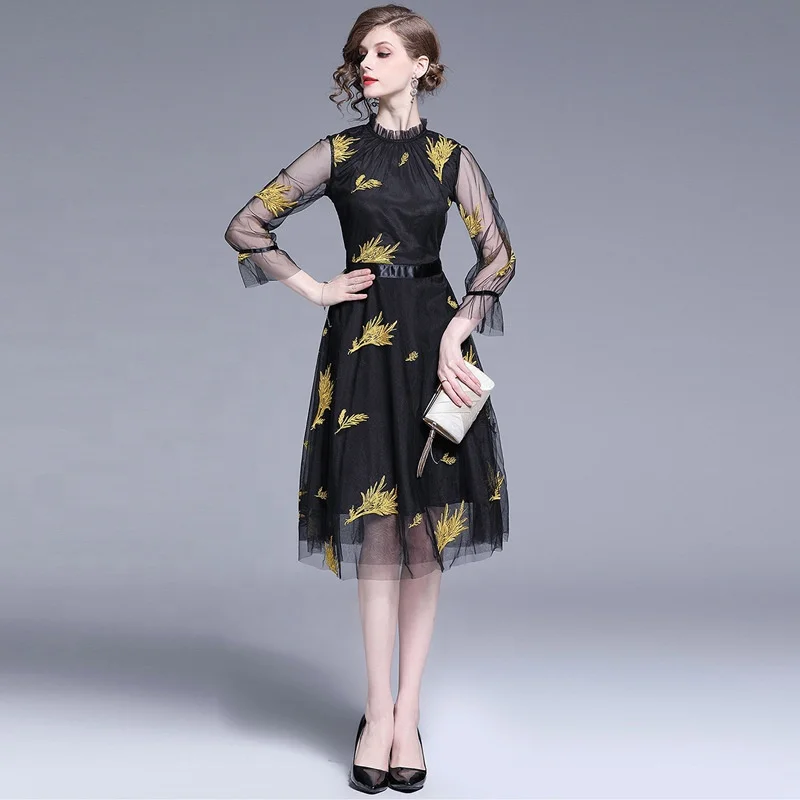 

Full Sleeve Fashion Club Wear Mesh Gold Embroidery Ladies Evening Black Dresses, Customized color