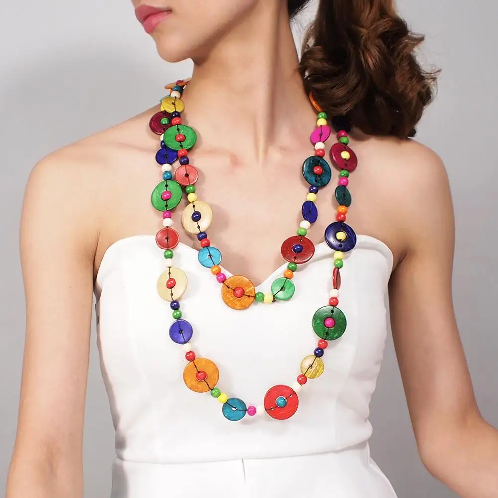 HANSIDON Bohemian Coconut shell Pendant Necklace Handmade Multi Layer Beads Statement Long Necklace Women Jewelry Wholesale, Multicolor