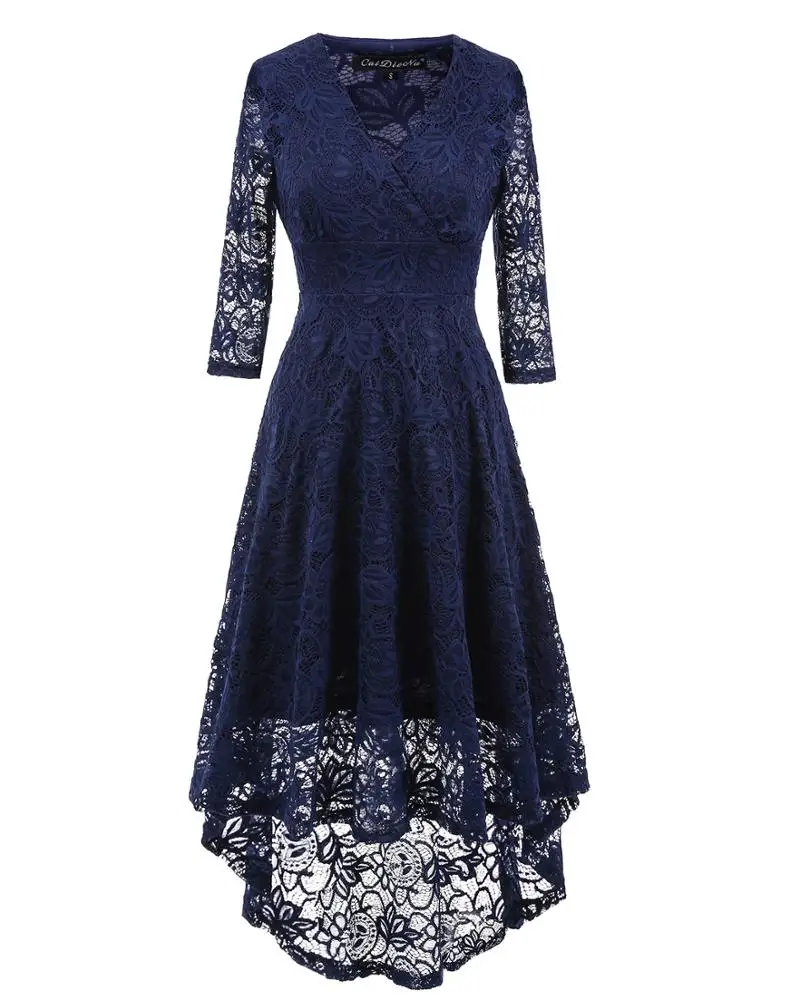 

Autumn new lace v-neck slim irregular long women dress