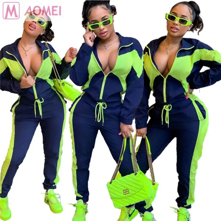 

O2055 new long loose woman zip up two-piece casual tracksuit sports suit with matching colors, N/a