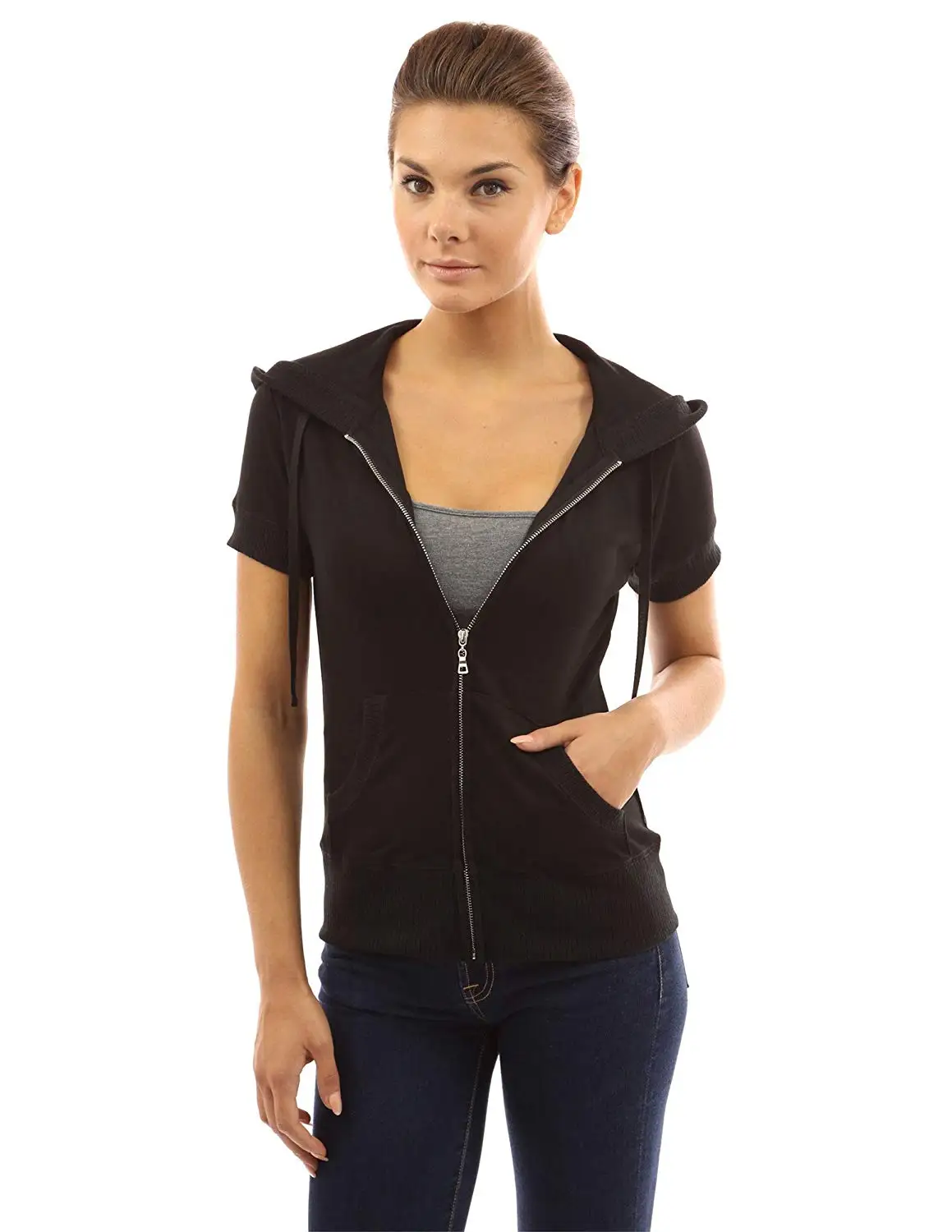 womens short sleeve zip up hoodie