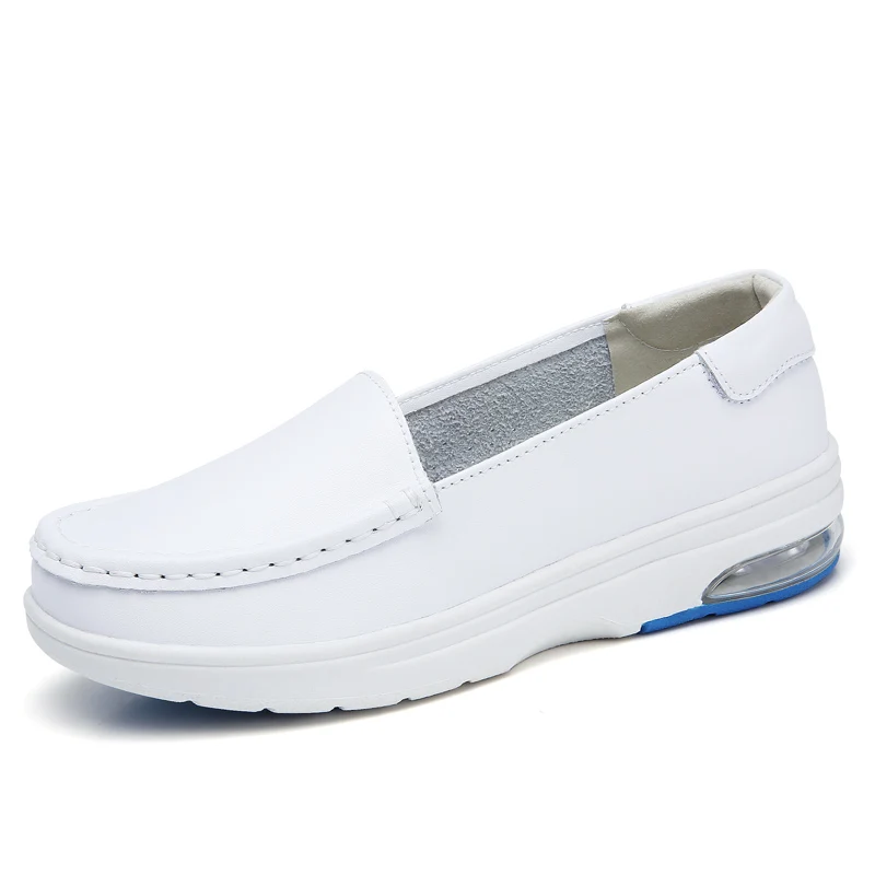 

Comfortable air sole slip on breathable cow leather wehite hospital nursing flat shoes for women
